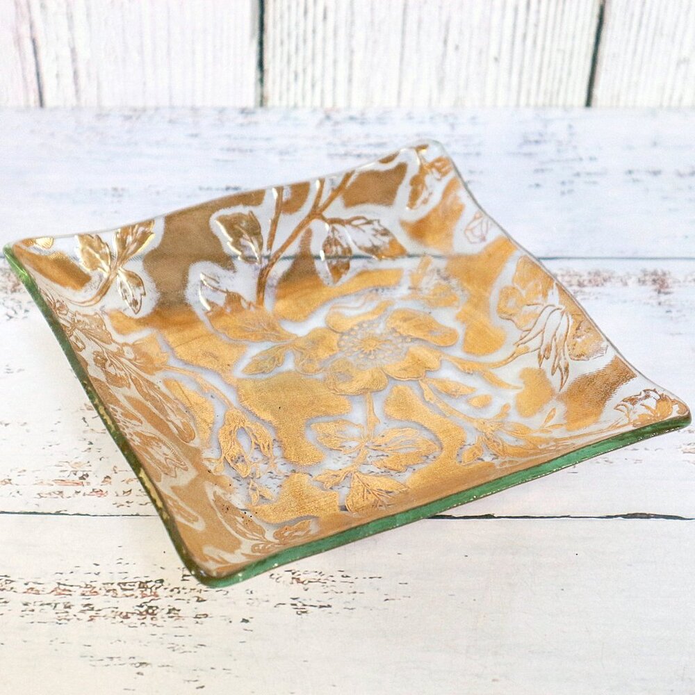 Mid-Century 22K Gold Leaf Trinket Dish Floral Glass Tray Jewelry Catch-All